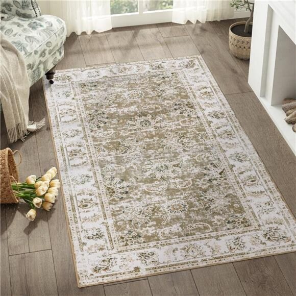 Washable Area Rug 3x5 Low Pile - Entryway Rug Boho Taupe Floral Print Rug - Picture 1 of 7